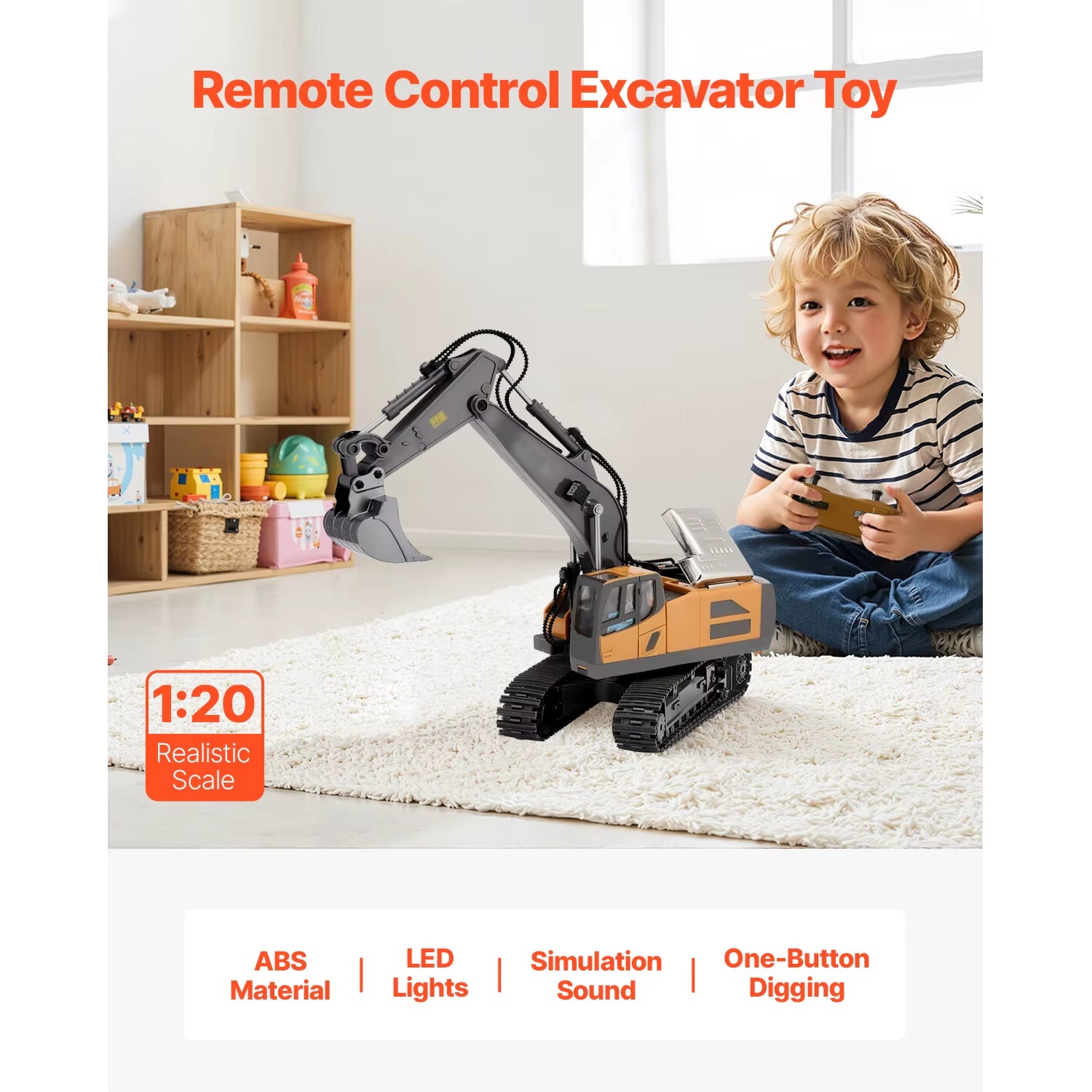 Succebuy 2.4G Rc Excavator 1:20 Scale with Sounds Construction Vehicles Remote Control Car Digger Toys for Kids Boys Gifts