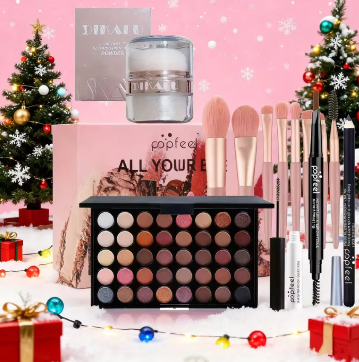 POPFEEL Comprehensive Full Face Makeup Kit with Brush and Facial Highlighter - Complete Beauty Set Featuring Berry & Neutral Foundation, Blush, and Eye Products