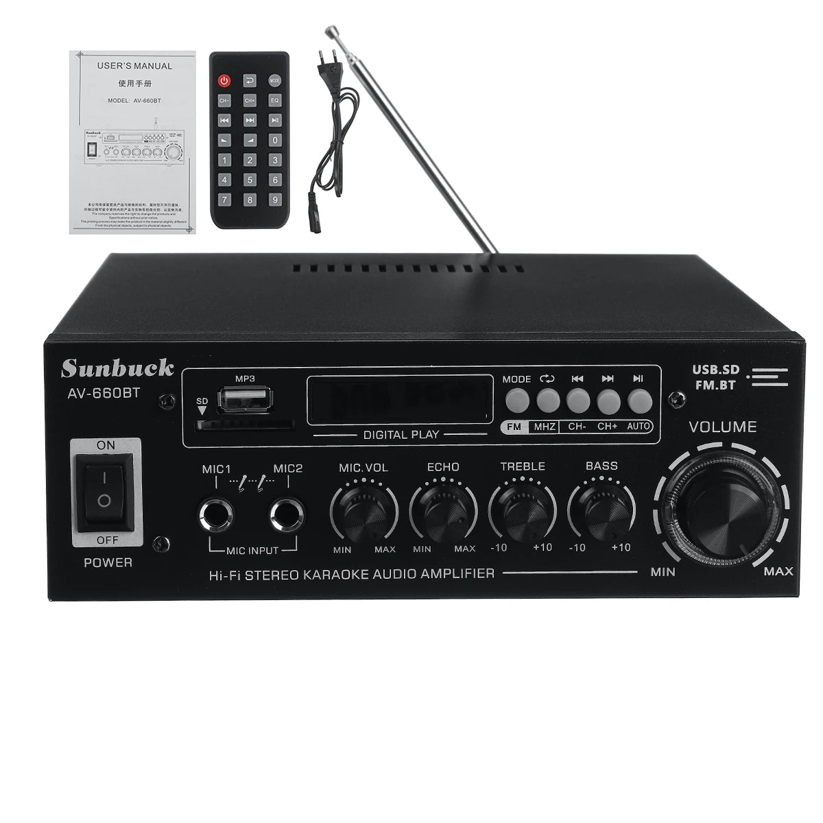 Sunbuck AV-660BT 2000W Bluetooth 5.0 Audio Power Amplifier EQ Stereo AMP Car Home 2CH AUX USB FM Radio