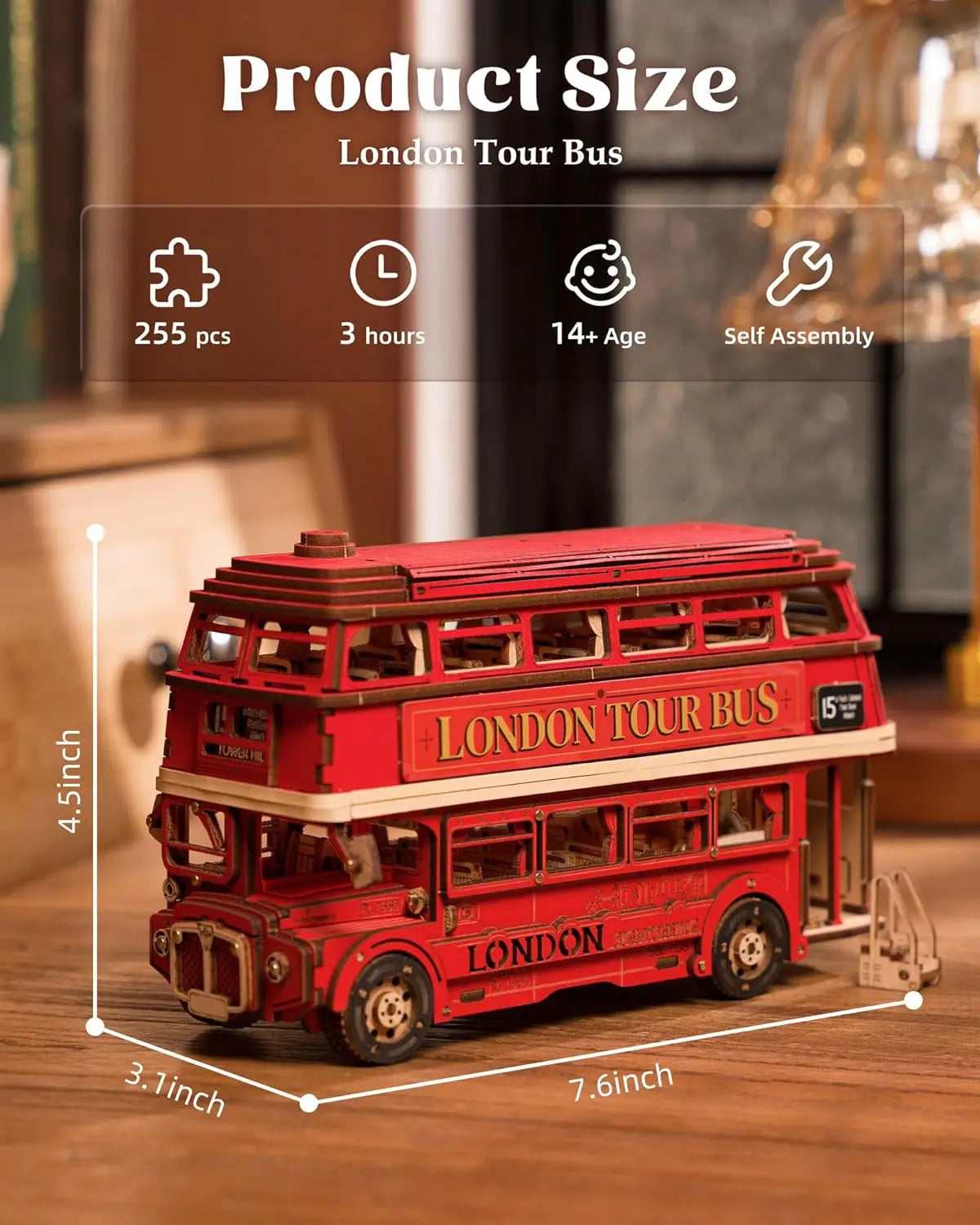 Robotime Rolife London Tour Bus 3D Wooden Puzzles Wood Model Toy Car to Build Crafts Collectibles Gifts for Boys Girls