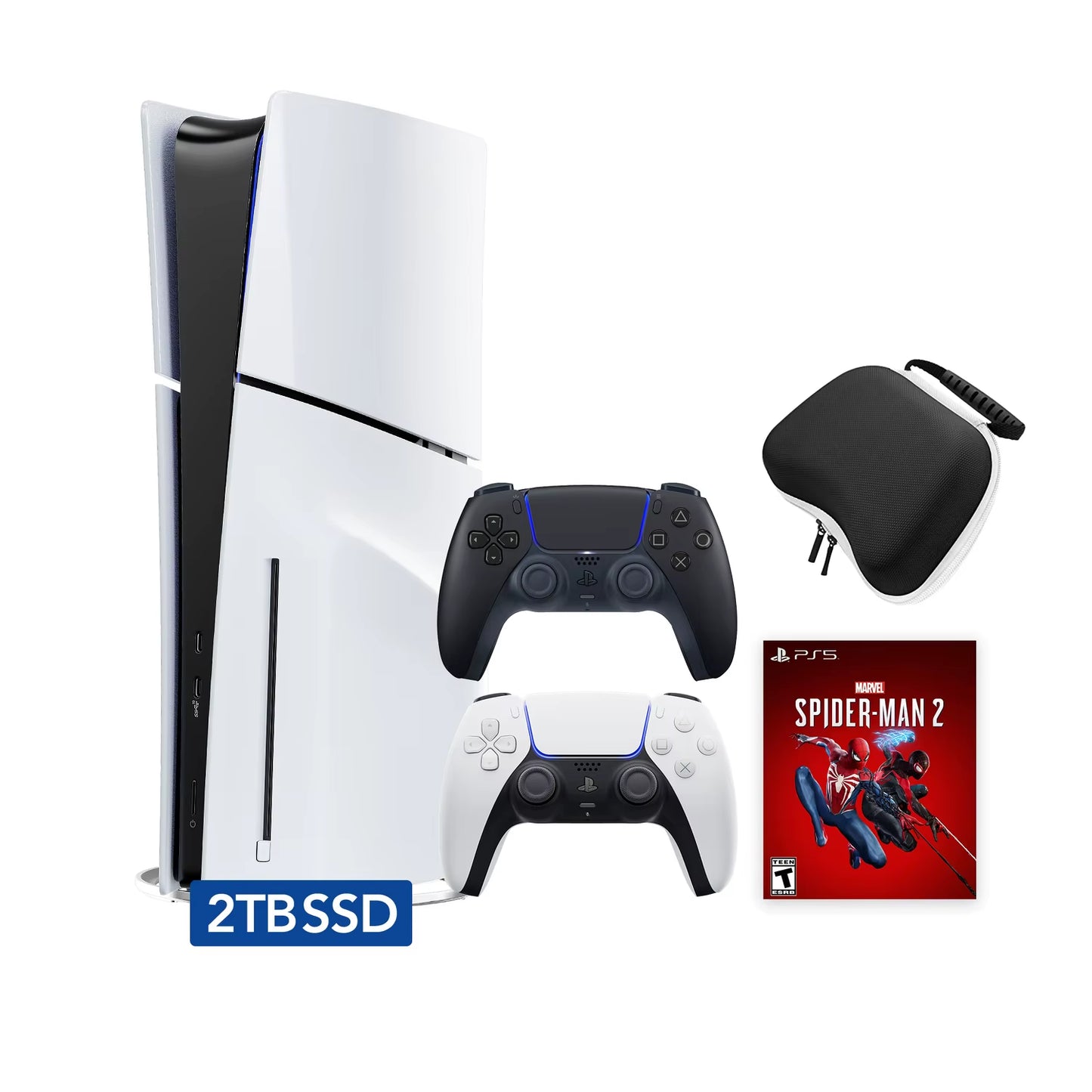 PS5 Slim Disc 2TB SSD Marvel'S Spider-Man 2 Bundle, Two Controllers White and Midnight Black Dualsense, Protective Case Included