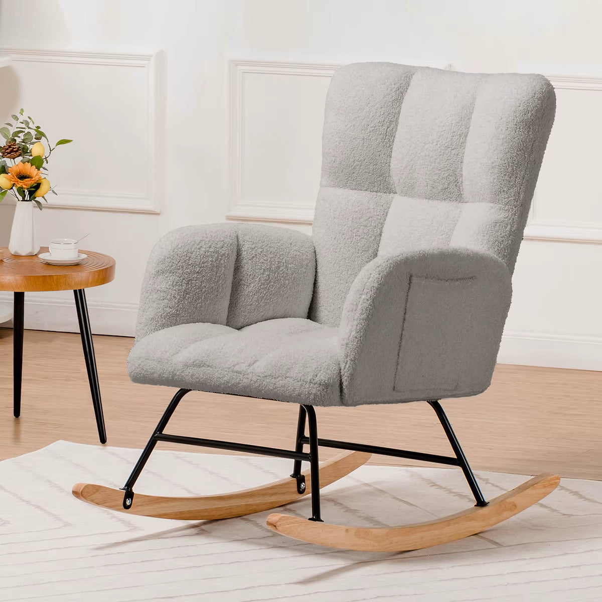 COMHOMA Teddy Glider Rocking Chair with Side Pockets, High Back Design for Adults - Ideal for Bedroom and Living Room