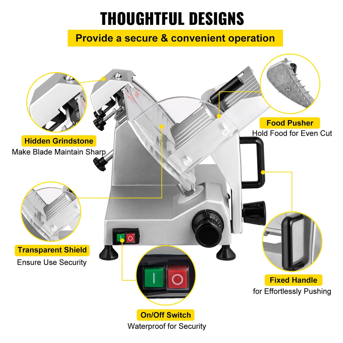 Succebuy Electric Deli Food Slicer with 8/10 Inch Carbon Steel Blade, Adjustable Thickness for Commercial and Home Use, Ideal for Meat and Cheese Cutting