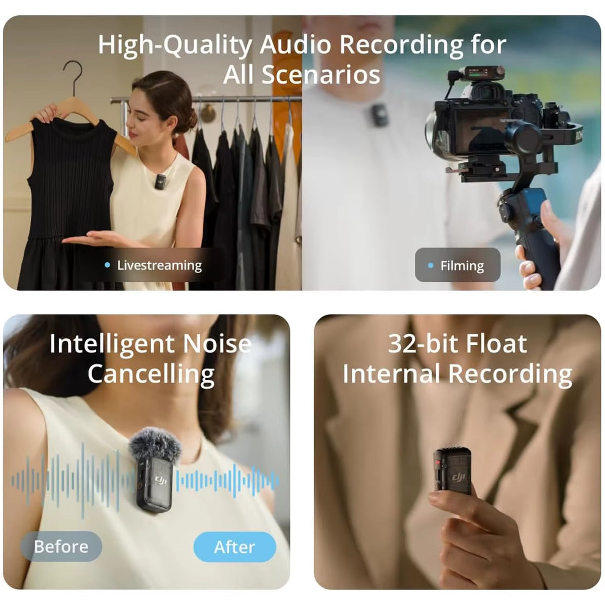 DJI Mic 2 Wireless Microphone System (2 Transmitters + 1 Receiver + Charging Case) with Intelligent Noise Cancellation, 32-Bit Float Internal Recording, and 250M Range for iPhone, Android, and Camera