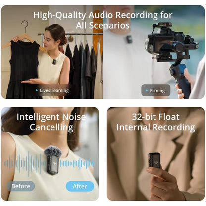 DJI Mic 2 Wireless Microphone System (2 Transmitters + 1 Receiver + Charging Case) with Intelligent Noise Cancellation, 32-Bit Float Internal Recording, and 250M Range for iPhone, Android, and Camera