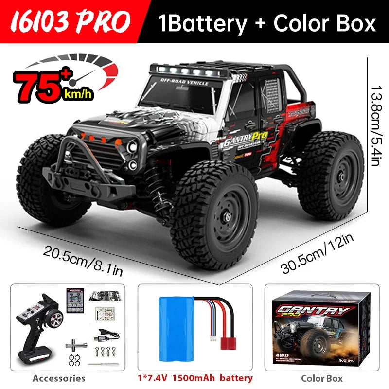 Wltoys 16101 Pro 1:16 Scale 75KM/H 4WD Remote Control Car with LED Lights - High-Speed Drift Monster Truck for Children