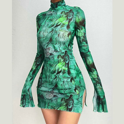 Ladies Mesh Printed Y2K Vintage Dress High Street Slim Elastic Bodycon Party Dress round Neck Bell Sleeve Side Open Hip Dresses
