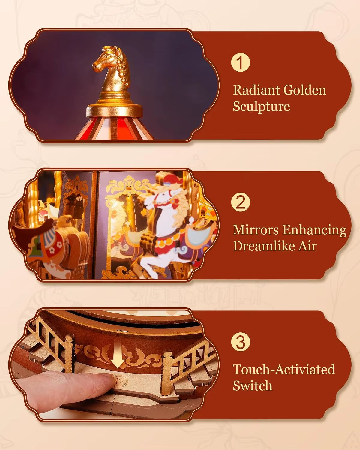 Robotime 3D Wooden Puzzle Carousel Music Box with LED Lights - Gear Model Building Kit for Adults, Ideal Christmas Gift