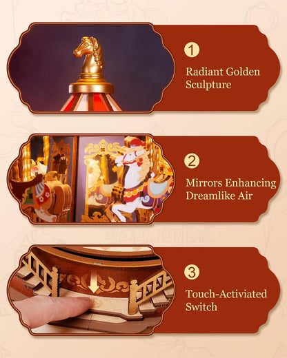 Robotime 3D Wooden Puzzle Carousel Music Box with LED Lights - Gear Model Building Kit for Adults, Ideal Christmas Gift