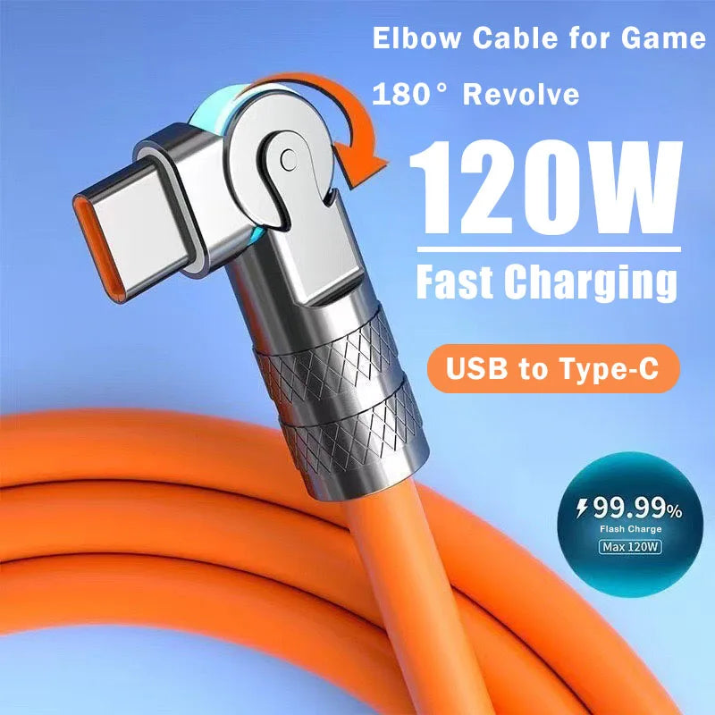 120W 7A Fast Charging USB Type-C Cable with 180-Degree Elbow Design for Xiaomi, Redmi, and Honor Smartphones