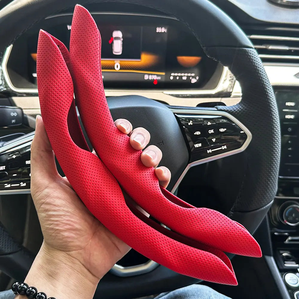 Universal D-Shaped Leather Steering Wheel Cover with Ventilation Holes - 15 Inch, Sweat-Absorbent and Anti-Slip Accessory