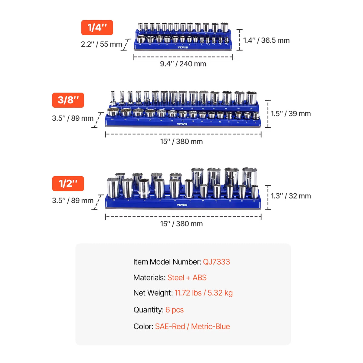 Succebuy Magnetic Socket Organizer Set - 6 or 8 Pieces, Blue and Red, for 3/8'' and 1/2'' Metric and SAE Sockets with Clear Labels for Tool Box