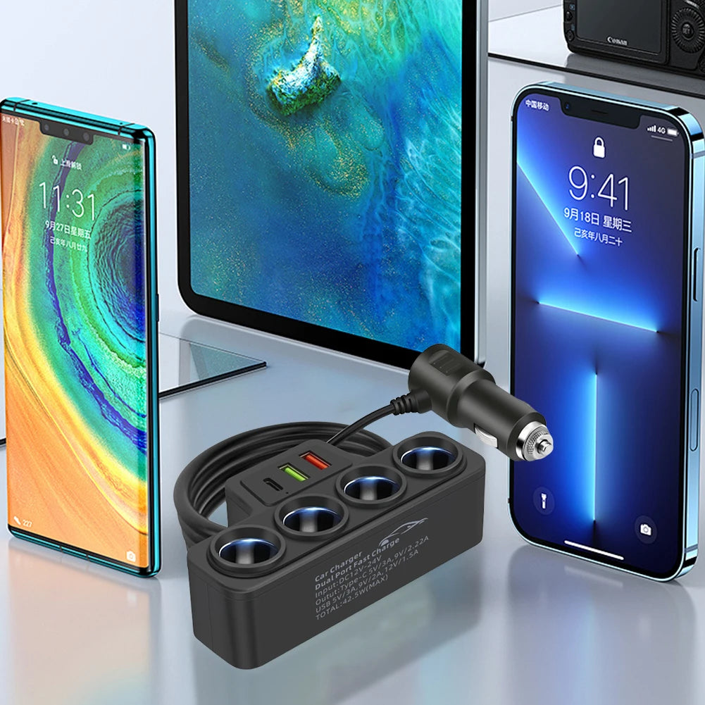 High-Performance 120W Car Cigarette Lighter Socket Splitter with QC3.0 and PD Technology, Featuring 4 Sockets and 3 USB Charging Ports