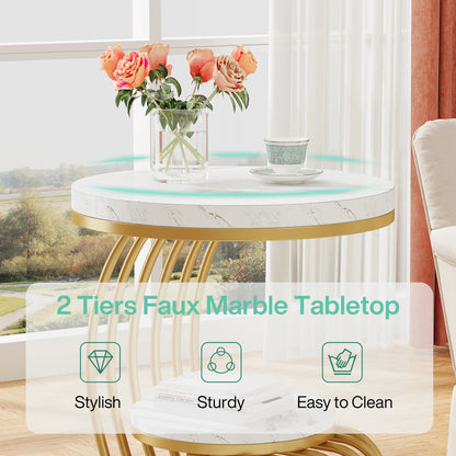 Tribesigns Gold Round End Table: Two-Tier Faux Marble Side Table with Storage Shelf, Modern White and Gold Bedside Nightstand