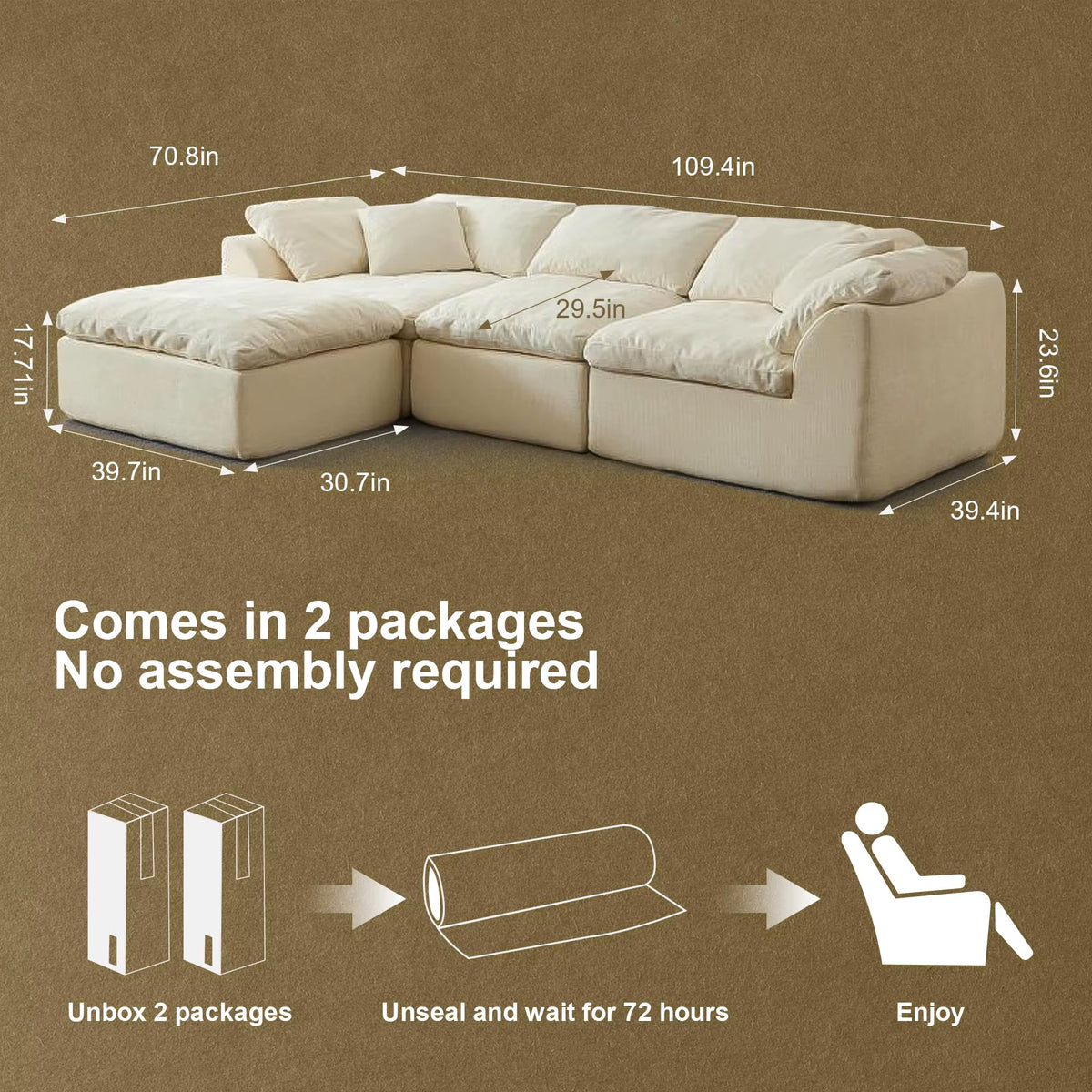 109" Modern L-Shaped Oversized 3-Seater Sofa in Blue Chenille Fabric with Modular Ottoman