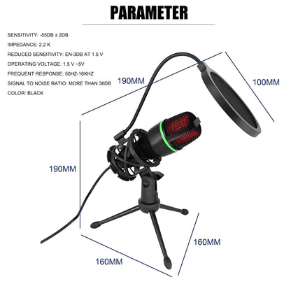 Premium USB Condenser Microphone Kit with Tripod Stand and RGB Lighting for Gaming, Streaming, and Content Creation on PC, Laptop, and Mac - Features Mute Button and Built-in Voice Changer