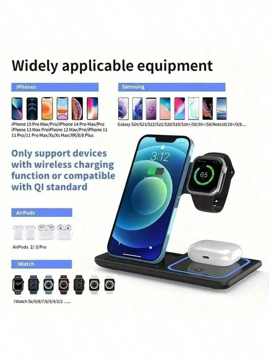 3-in-1 Wireless Charging Station with Mobile Phone Holder and LED Indicator for iPhone 17/16/15/14/13/12 Pro Max, Apple Watch Series 10/9/8/7/6/5, and AirPods 3/2 - Fast Charging Dock