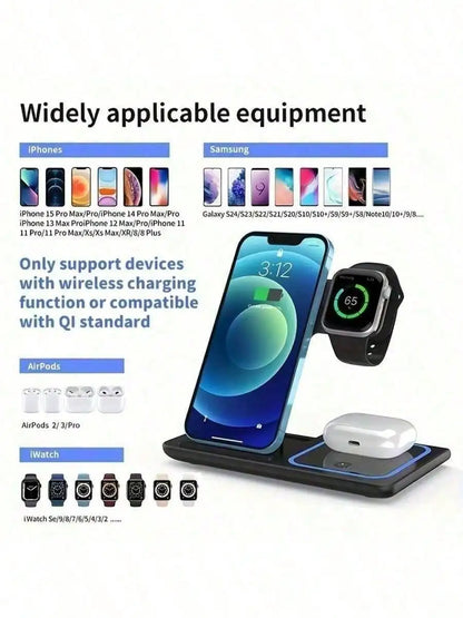 3-in-1 Wireless Charging Station with Mobile Phone Holder and LED Indicator for iPhone 17/16/15/14/13/12 Pro Max, Apple Watch Series 10/9/8/7/6/5, and AirPods 3/2 - Fast Charging Dock