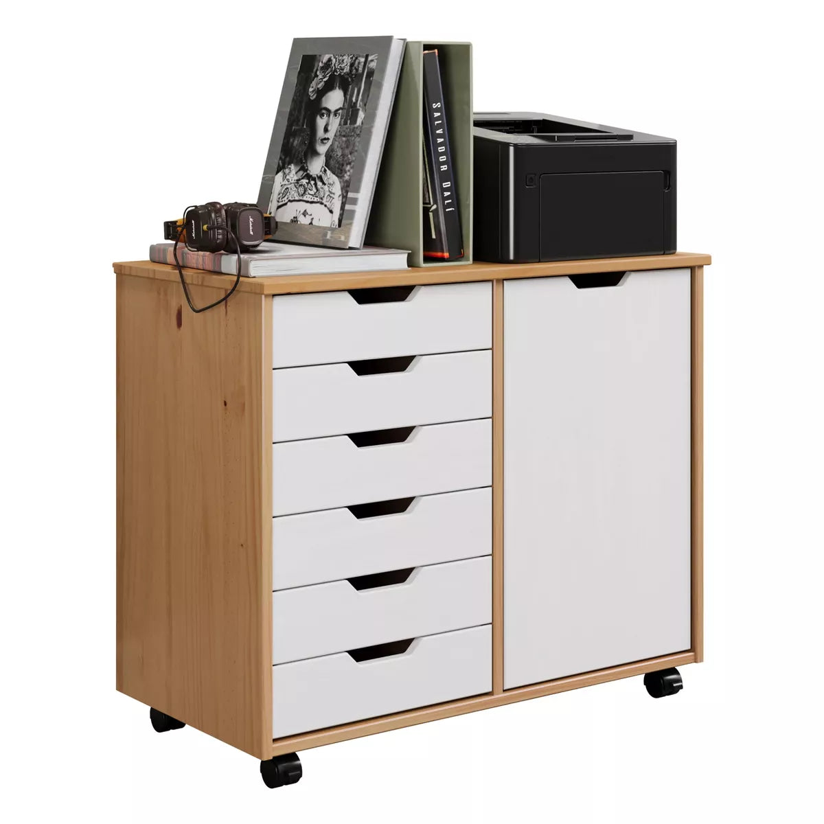 6 Door Drawer Roll Cart White and Natural Wood