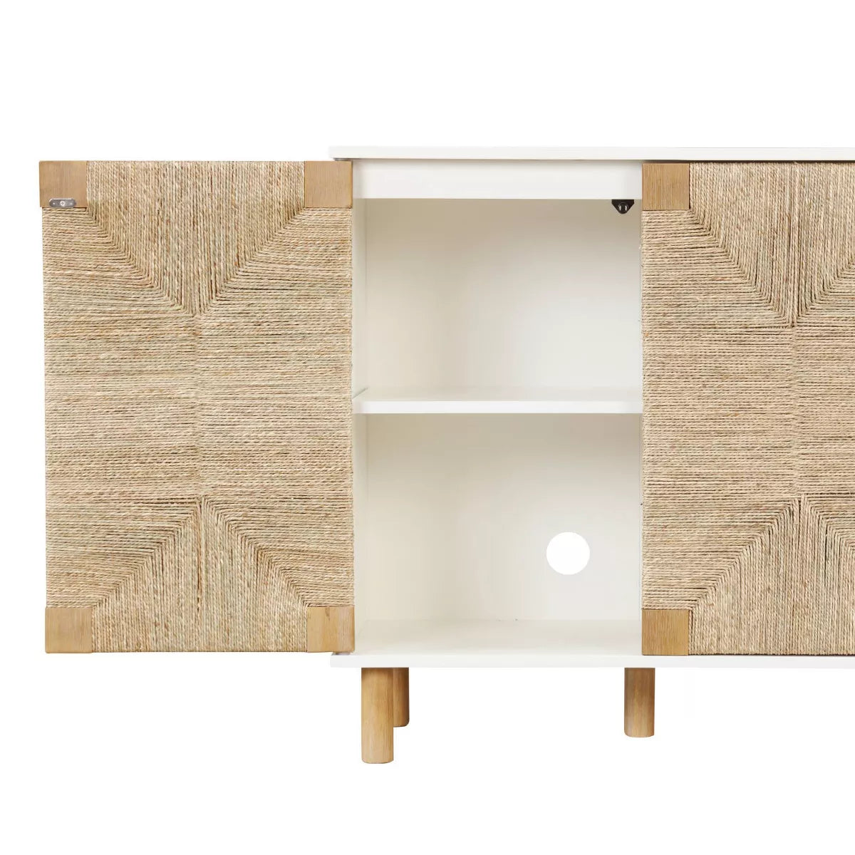 Wood and Seagrass Storage Cabinet in White with Veneer Surface and Fixed Shelf - Adult Assembly Required