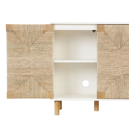  Wood and Seagrass Storage Cabinet in White with Veneer Surface and Fixed Shelf - Adult Assembly Required