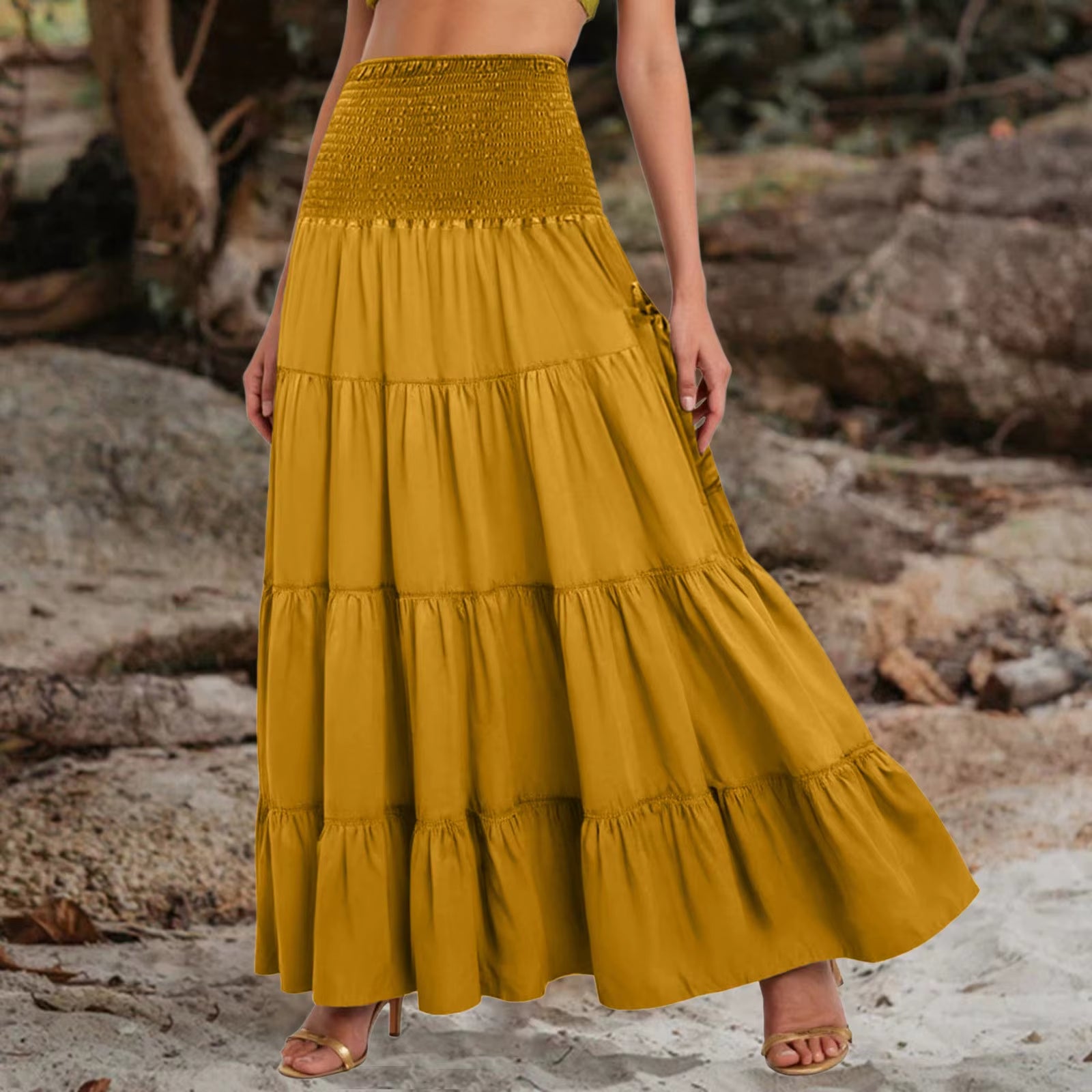 Boho Tiered A-Line Skirt Women Forest Fairy Pockets Patchwork Long Dress Elastic Waist Vintage Hippie Gypsy Maxi Skirt 스커트
