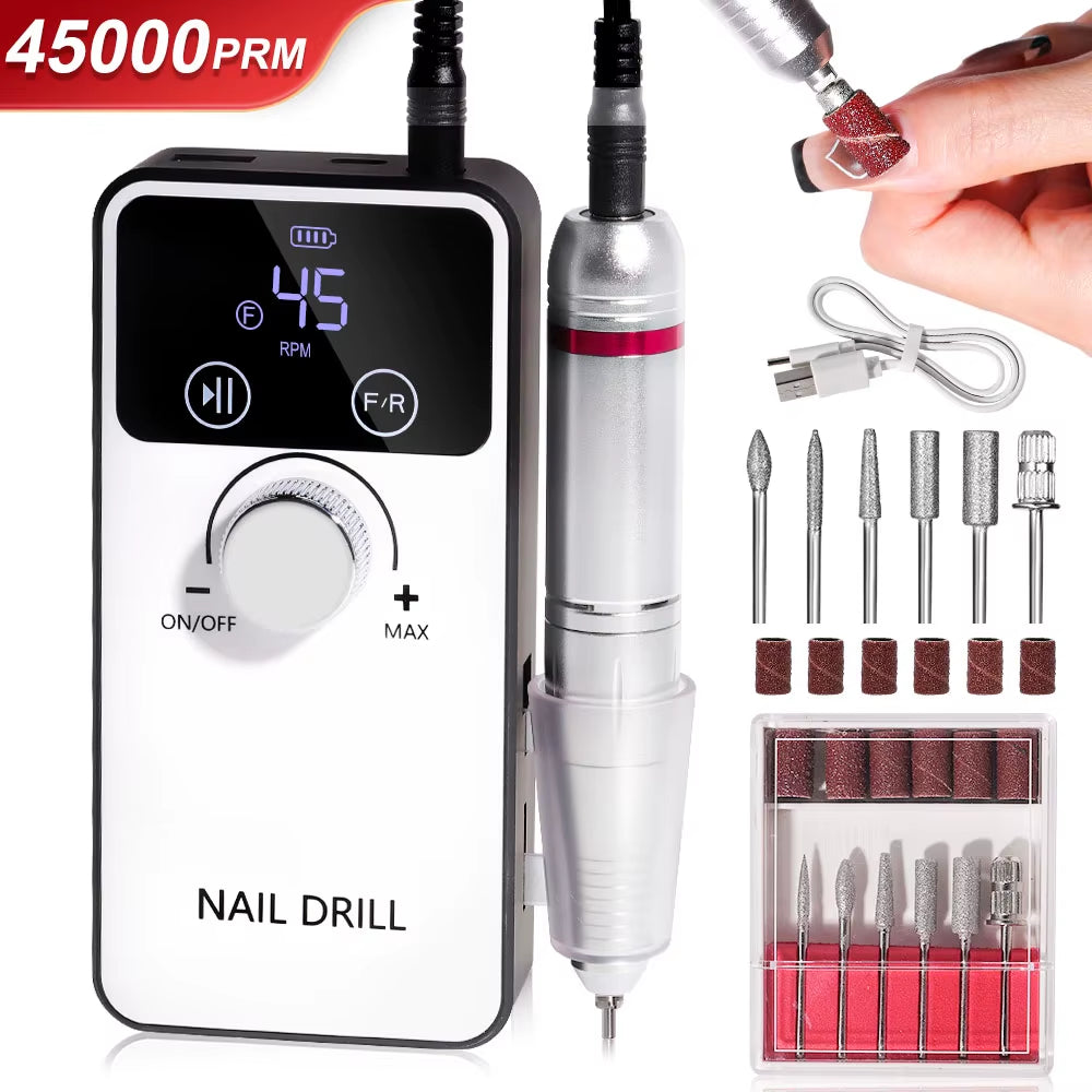 45000RPM Professional Electric Nail Drill Machine Rechargeable Nail File Nails Accessories Gel Nail Polish Sander Low Noise Tool