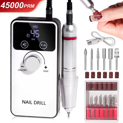 45000RPM Professional Electric Nail Drill Machine Rechargeable Nail File Nails Accessories Gel Nail Polish Sander Low Noise Tool
