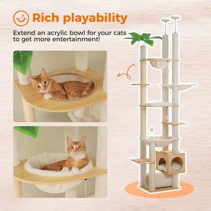 Height Adjustable Wooden Cat Tower with Spacious Hammock and Sisal Scratching Posts - Floor to Ceiling Indoor Cat Condo