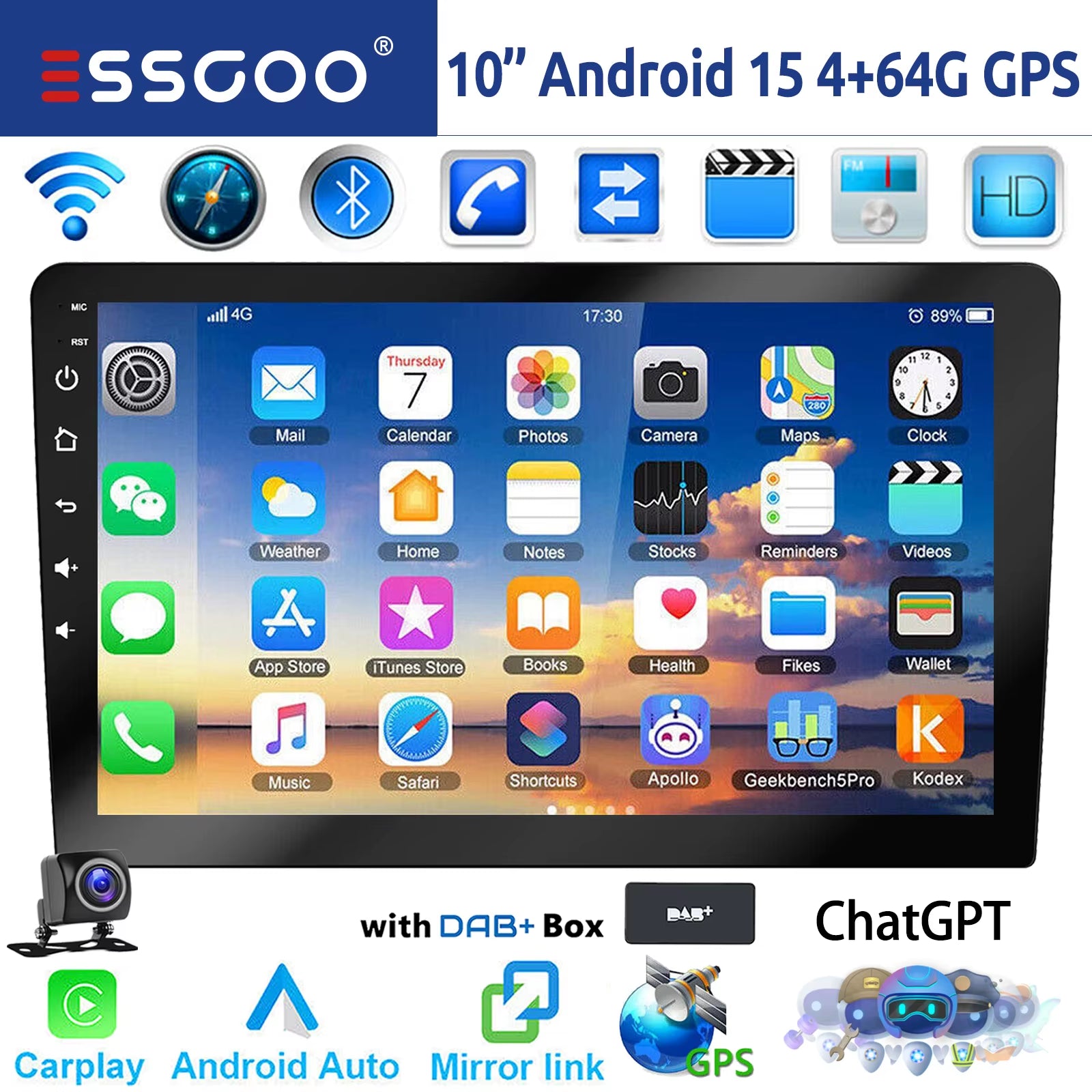 ESSGOO 7"/9"/10“ 2 DIN Android 14 4+64G Car Stereo Carplay Android Auto GPS Navi Bluetooth FM RDS Radio WIFI Touchscreen Chatgpt