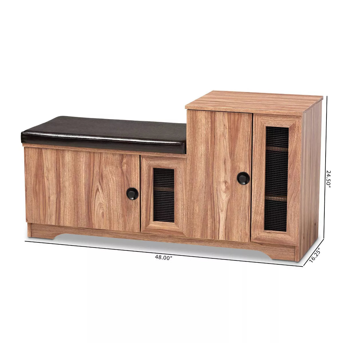 2 Door Valina Faux Leather Wood Shoe Storage Bench with Cabinet Brown - Engineered Oak Finish, 5 Shelves