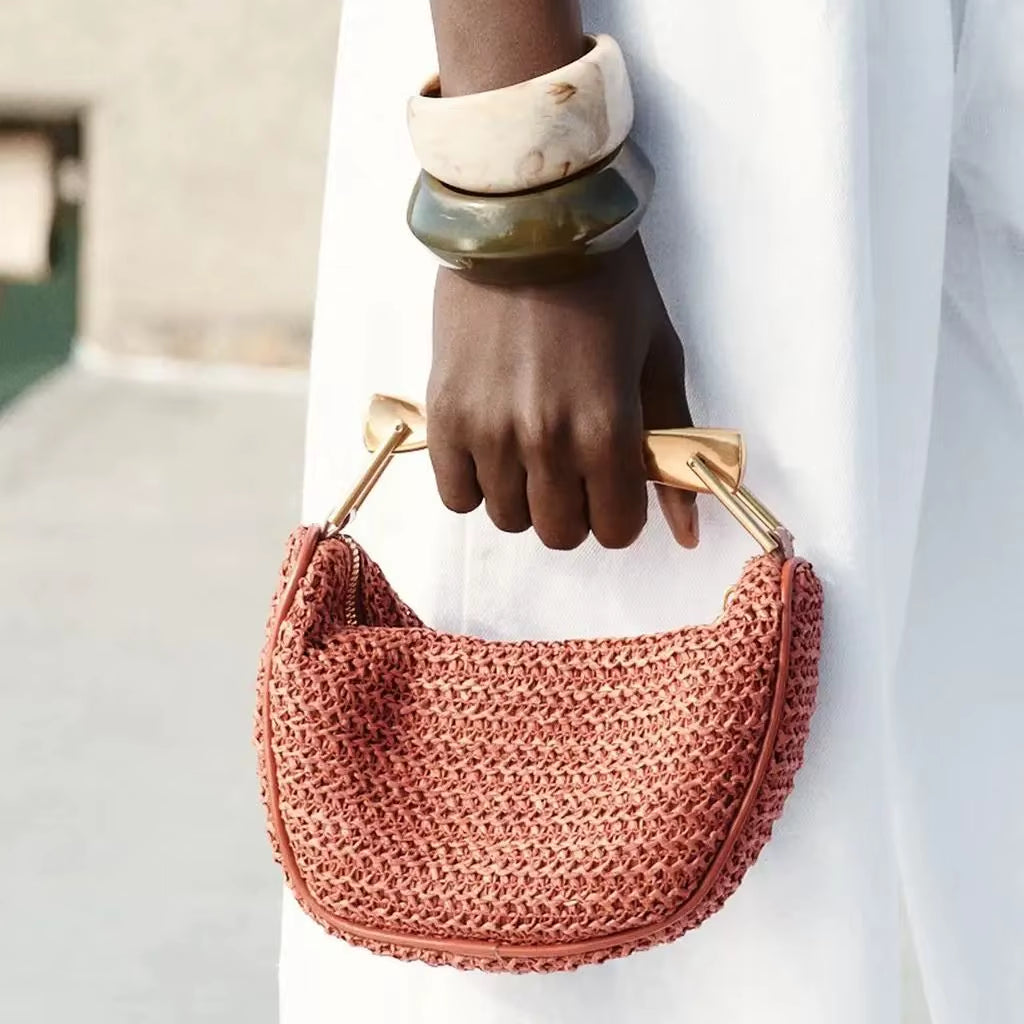 Summer Half-Moon Beach Straw Shoulder Bags Women'S Straw Bucket Bag Purse Woven Straw Handbags Casual Tote Crossbody Bag