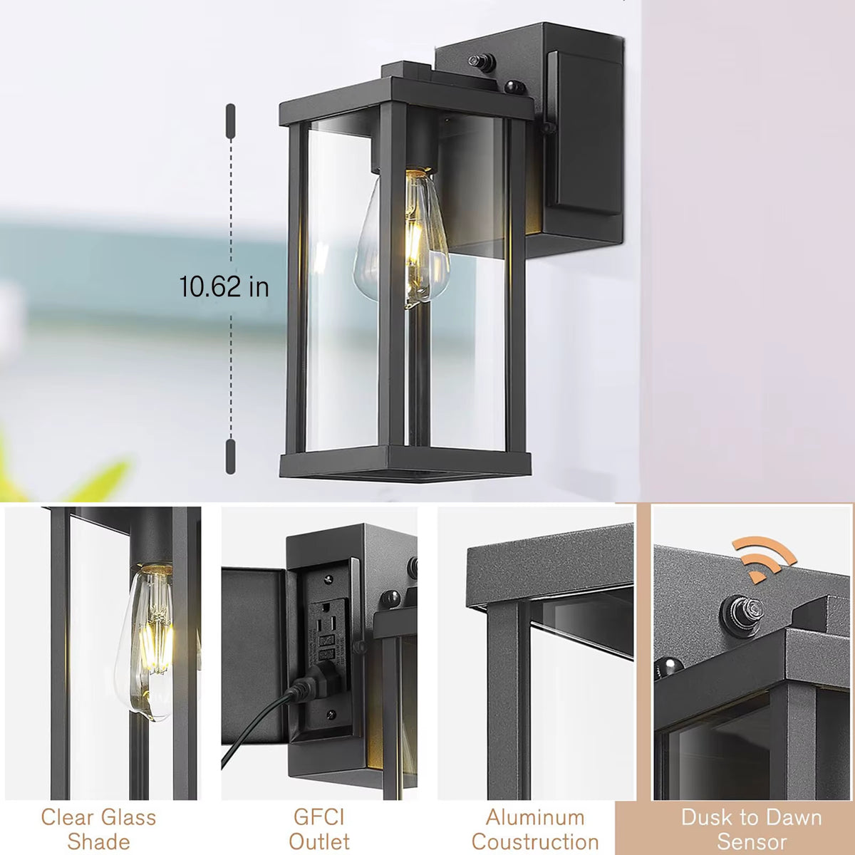 Porch Light with GFCI Outlet Dusk to Dawn Outdoor Light Exterior Lighting Fixtures Wall Mount for House Patio Garage Hallway