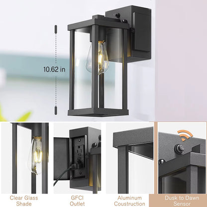 Porch Light with GFCI Outlet Dusk to Dawn Outdoor Light Exterior Lighting Fixtures Wall Mount for House Patio Garage Hallway