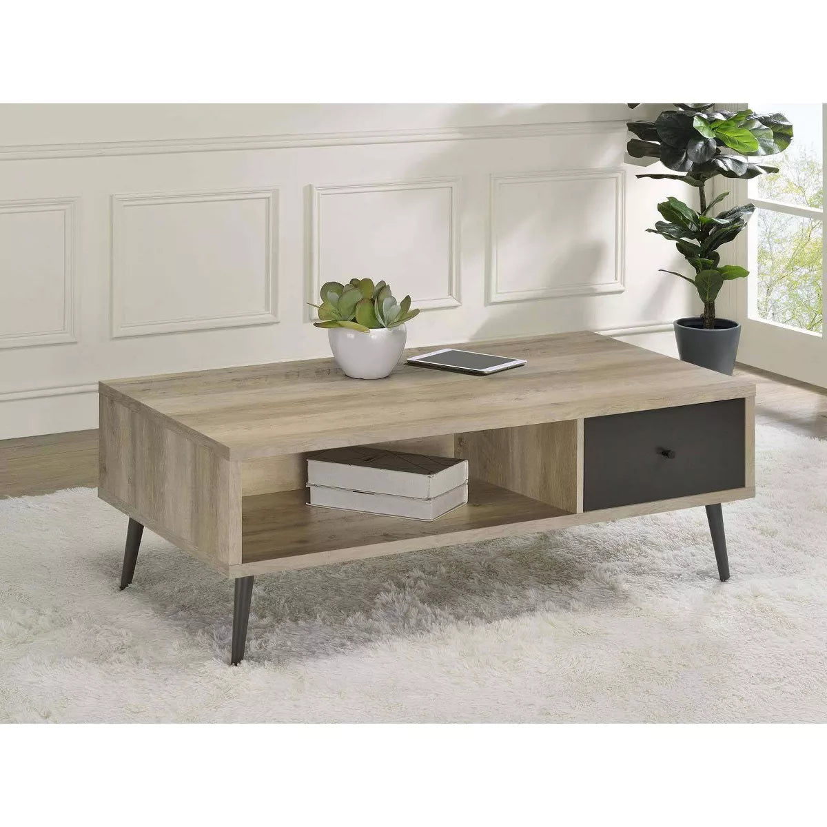 Mid Century Modern Wood Coffee Table with Drawer and Shelf Antique Pine/Gray