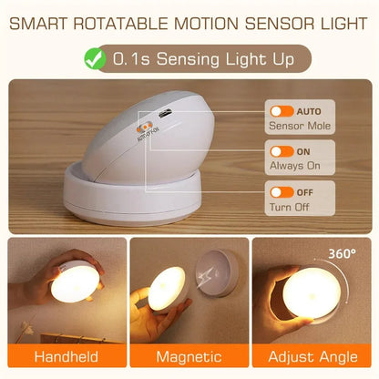 USB Rechargeable Motion Sensor LED Night Light - Energy-Efficient Round Lamp for Bedroom, Corridor, and Bathroom Wall Illumination