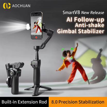 AOCHUAN Smart V8 3-Axis Handheld Gimbal Phone Stabilizer with Extension Rod Tripod Face Tracking for Iphone Android Tiktok Vlog