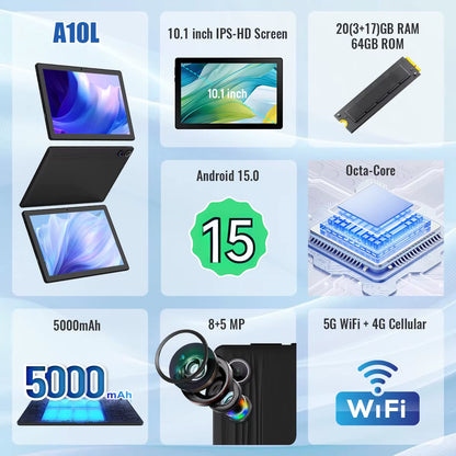 2026 Newest Android 15 Tablet 10 Inch 20GB+64GB Expandable 1TB Widevinel1 GMS 5000Mah Stylus Keyboard Mouse Headphones Case Set