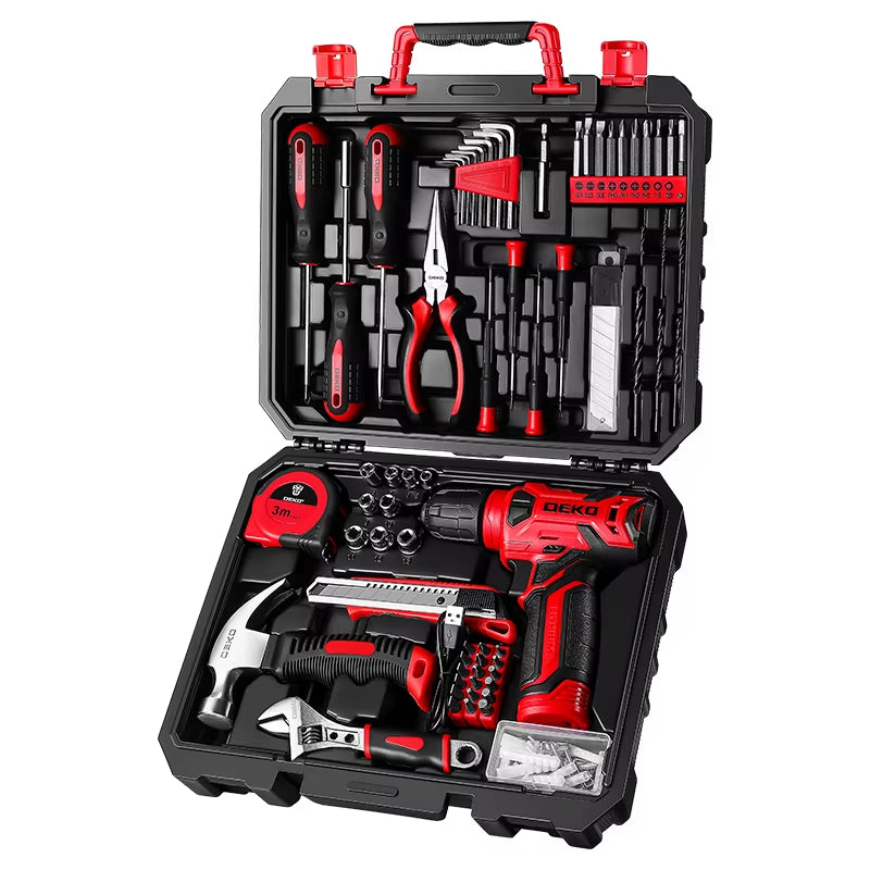 DEKO 126-Piece Cordless Drill and Hand Tool Set with 8V Red Drill for Home Use