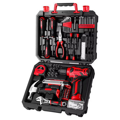 DEKO 126-Piece Cordless Drill and Hand Tool Set with 8V Red Drill for Home Use
