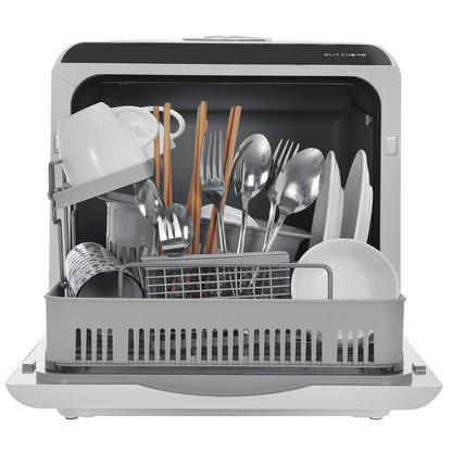 Blitzhome BH-CDW1 Smart Portable Countertop Dishwasher US Plug with APP Control, 4-6 Sets Big Capacity, Dual Water Inlet Modes, 360°Spraying, 75°High Temperature, Five Cleaning Modes, Drying Function