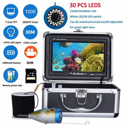 Fish Finder Underwater Fishing Camera Double Lamp 30Leds 7Inch 15M  IP68 Waterproof for Ice/Sea/River Fishing Fishfinder