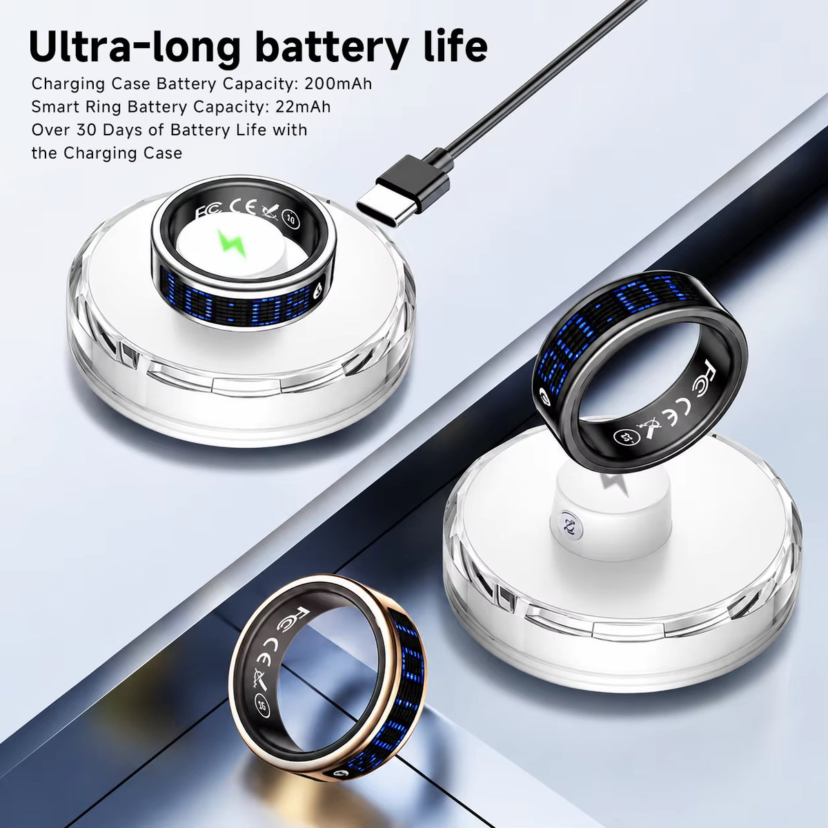US Local Smart Ring with LED Display Screen Call Reminder Heart Rate Blood Oxygen Monitor IP68 Waterproof Multi Sports Mode Gift