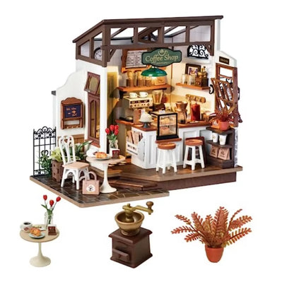Robotime DIY Wooden Dollhouse Set NO.17 Coffee Model Building Set with Accessories and LED Model Kit for Adult and Children