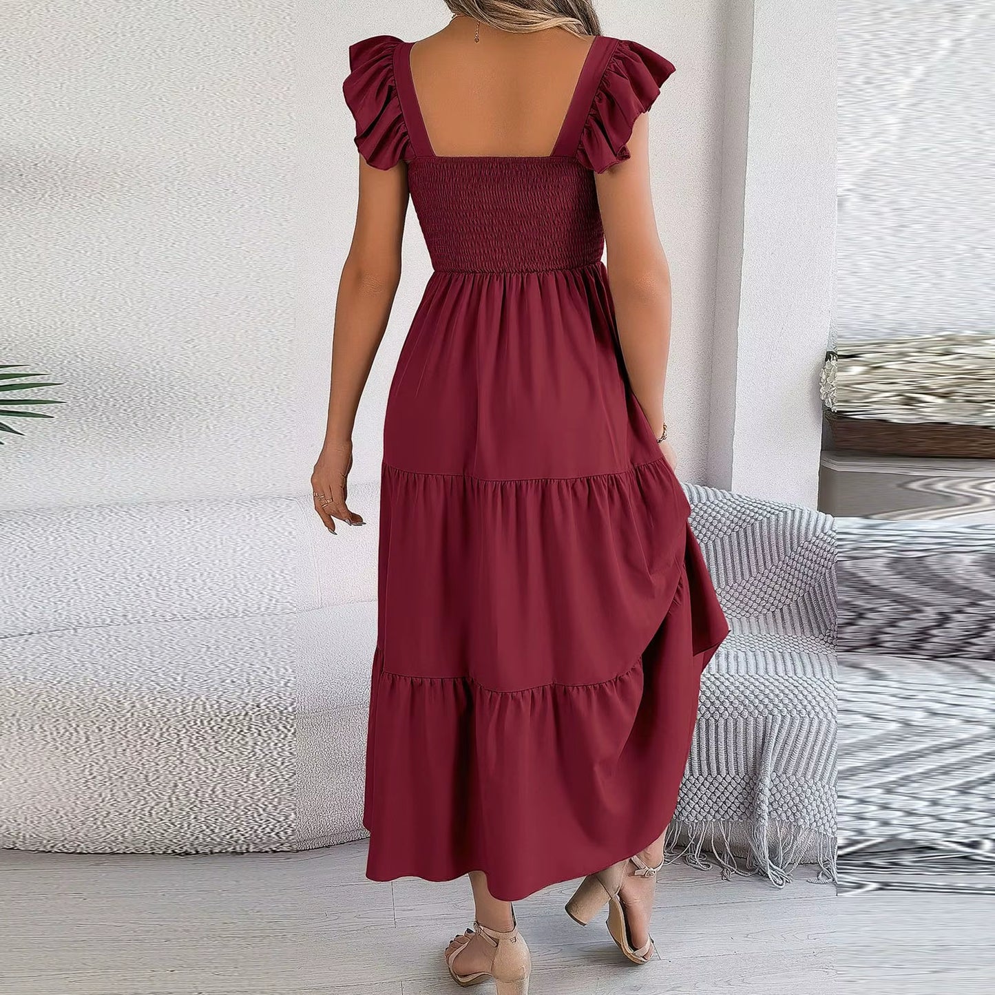 2024 Summer Solid Tank Long Dress for Women Square Collar Sleeveless A-Line Maxi Dress Backless Slim Waist Pleated Beach Dresses