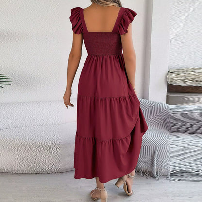 2024 Summer Solid Tank Long Dress for Women Square Collar Sleeveless A-Line Maxi Dress Backless Slim Waist Pleated Beach Dresses