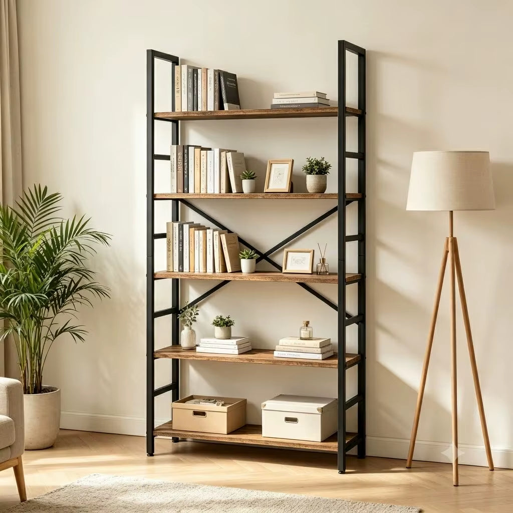 5 & 6 Tier Industrial Rustic Wood Bookcase with Black Metal Frame - Freestanding Multipurpose Storage Organizer for Bedroom, Living Room, Office, Kitchen, and Plant Decor