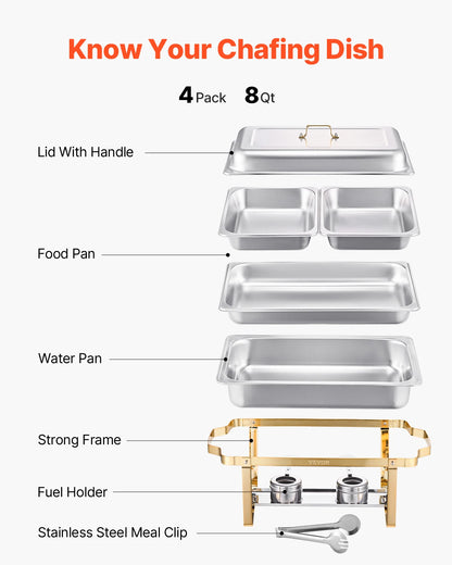 Succebuy 8 Qt Stainless Steel Chafing Dish Buffet Set - 4 Pack with 2 Full Size and 4 Half Size Pans for Catering and Serving