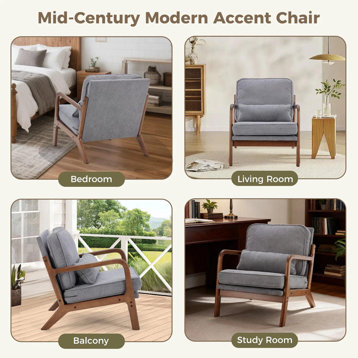 JHK Mid-Century Modern Accent Chair with Solid Wooden Frame, Armrests, and Waist Cushion for Adults - Ideal for Reading and Lounging