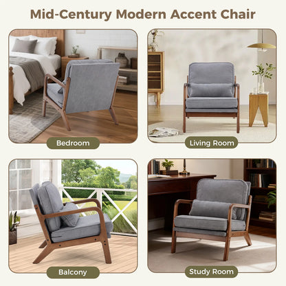 JHK Mid-Century Modern Accent Chair with Solid Wooden Frame, Armrests, and Waist Cushion for Adults - Ideal for Reading and Lounging